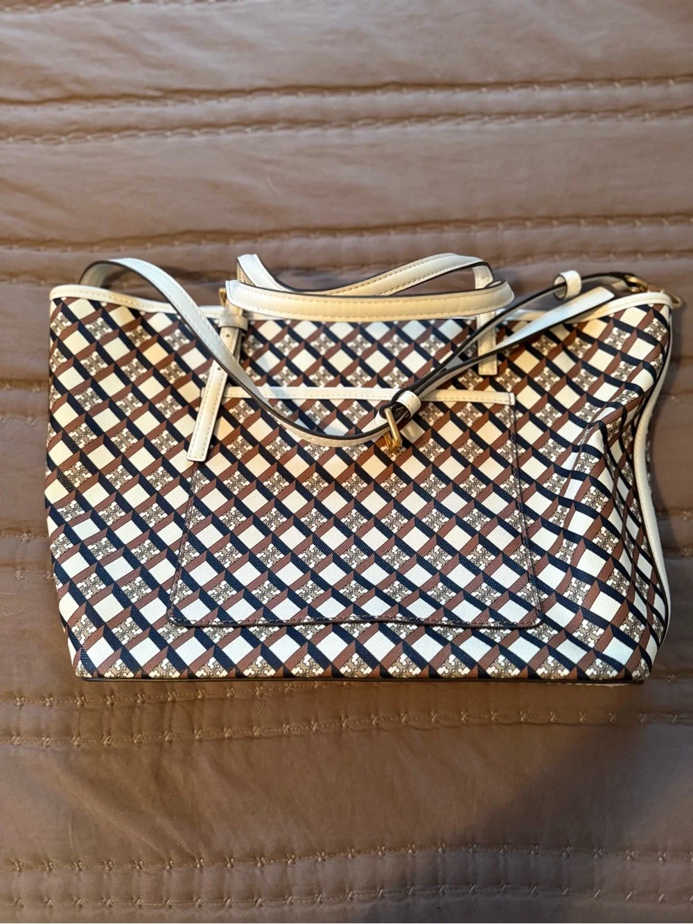 Tory Burch Navy, Brown and Cream Lattice Shoulder Bag